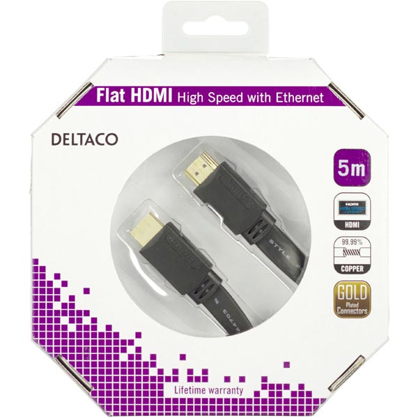 DELTACO plokščias HDMI kabelis, 4K, UltraHD - 30Hz, 5m, 19 pin ha-ha, juodas / HDMI-1050F-K