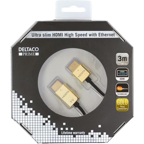 DELTACO PRIME HDMI kabelis, itin plonas, HDMI Type A ha, 4K, Ultra HD, 3.0m, juodas/auksinis / HDMI-1043-K