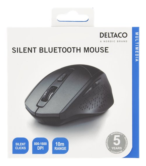 Tyli Bluetooth pelė DELTACO 800-1600 DPI, 4 mygtukai, pilka / MS-901