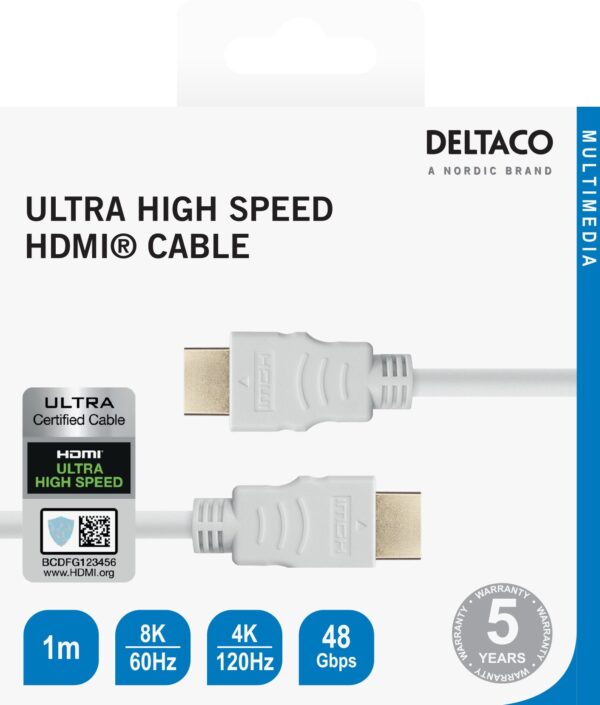 Ultra High Speed HDMI kabelis DELTACO ARC, QMS, 8K in 60Hz, 4K UHD in 120Hz, 1m, baltas / HU-10A-R