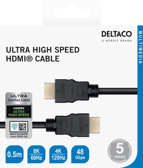 Ultra High Speed HDMI kabelis DELTACO ARC, QMS, 8K in 60Hz, 4K UHD in 120Hz, 0.5m, juodas / HU-05-R