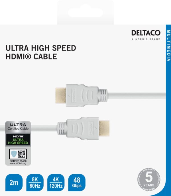 Ultra High Speed HDMI kabelis DELTACO 2M, eARC, QMS, 8K at 60Hz, 4K at 120Hz, baltas / HU-20A-R