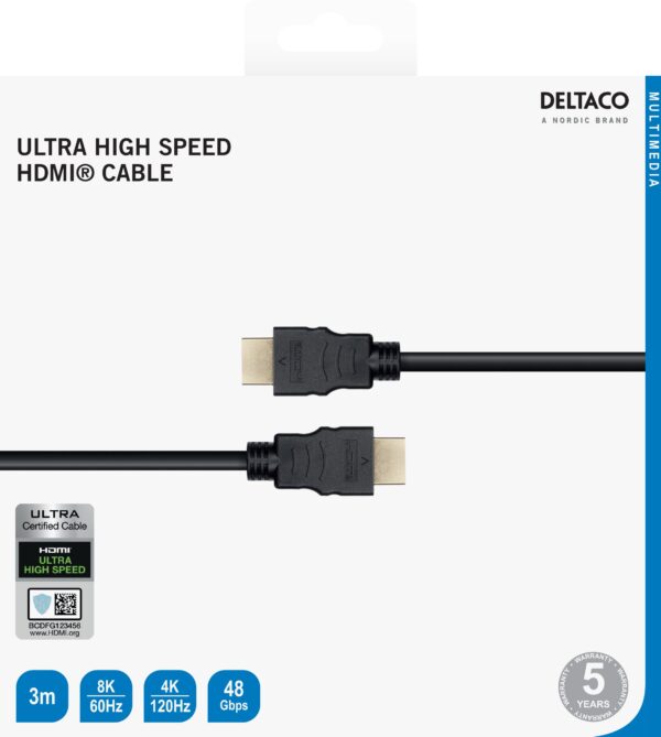 Ultra High Speed HDMI kabelis DELTACO ARC, QMS, 8K in 60Hz, 4K UHD in 120Hz, 3m, juodas / HU-30-R