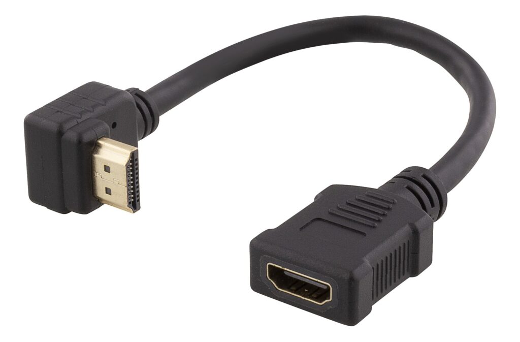 Lankstus HDMI adapteris DELTACO 0,2 m, pakreiptas, HDMI M / F, UHD, juodas / HDMI-21B