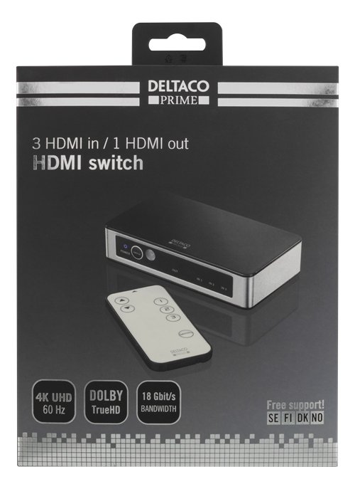 DELTACO PRIME Premium 3 prievadų HDMI komutatorius su IR belaidžiu nuotolinio valdymo pultu HDMI-7026
