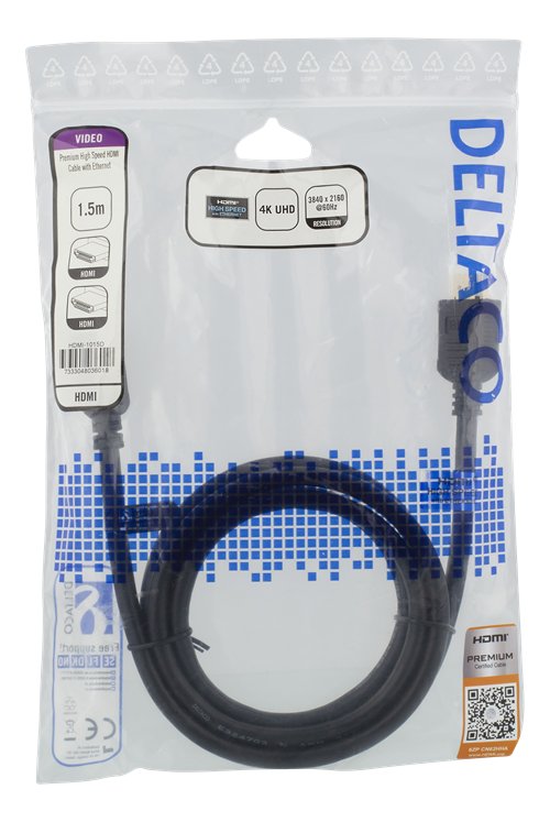 DELTACO High-Speed ​​Premium HDMI kabelis, 1,5 m, Ethernet, 4K UHD, Be ferito juodas / HDMI-1015D