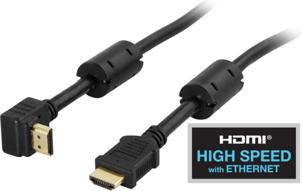 Kampinis HDMI kabelis DELTACO HDMI High Speed su eternetu, 4K, UltraHD @60Hz, 1m, paauksuotos jungtys, 19 kontaktų kištukas, juodas / HDMI-1010V