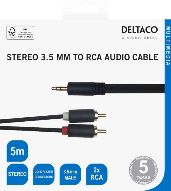 Audio kabelis DELTACO 3.5mm male - 2xRCA male 5m, juodas / MM-142-K / R00180006
