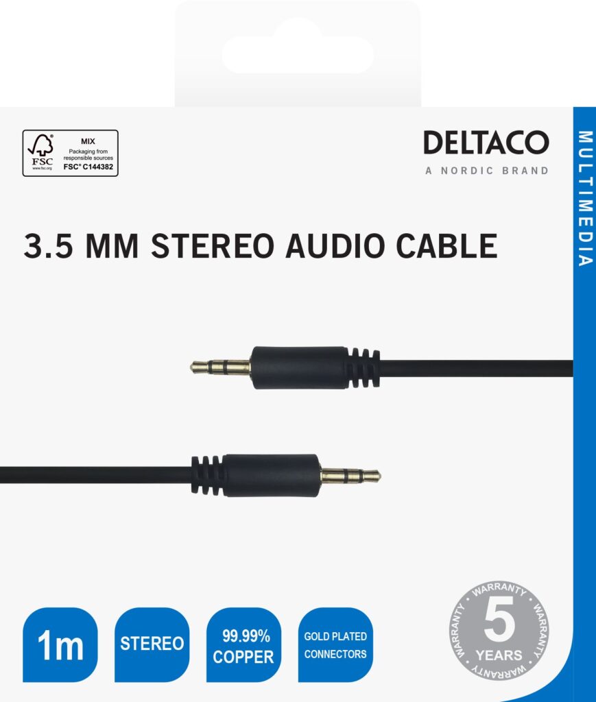 Audio kabelis DELTACO 3.5mm,paauksuotos jungtys, 1m, juodas / MM-149-K / R00180007