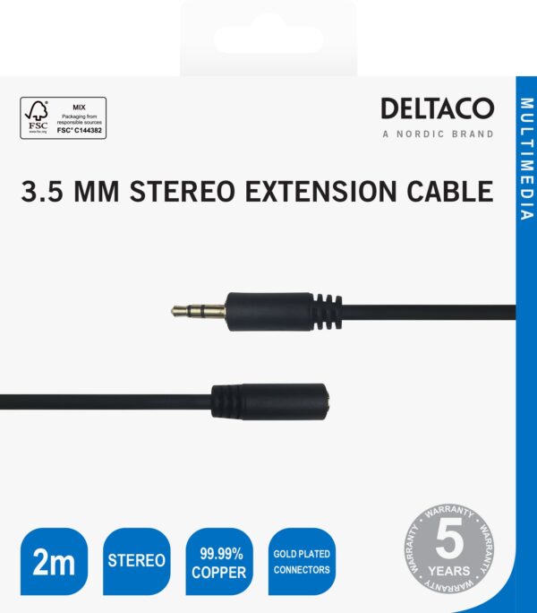 Audio kabelis DELTACO 3.5mm, paauksuotos jungtys, 2m, juodas / MM-160-K / R00180012