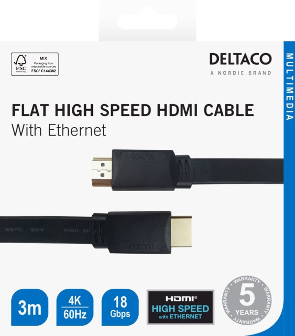 Plokščias High Speed HDMI kabelis DELTACO su Ethernet, 4K UHD, 3m, juodas / HDMI-1030F-K / R00100009