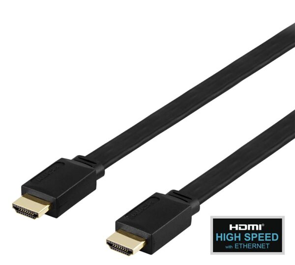 Plokščias High Speed HDMI kabelis DELTACO su Ethernet, 4K UHD, 3m, juodas / HDMI-1030F-K / R00100009
