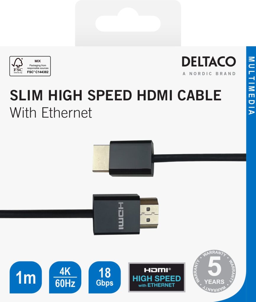 Itin plonas HDMI kabelis DELTACO 4K UHD, 1m, juodas / HDMI-1091-K / 00100017