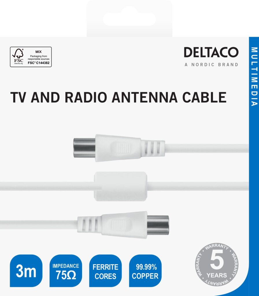 Antenos kabelis DELTACO 75 omų, ferito šerdys, paauksuotos jungtys, 3m, baltas / AN-103-K / R00150003