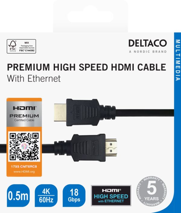 Kabelis DELTACO Premium High Speed HDMI, 4K UHD, 0.5m, juodas / HDMI-1005-K / R00100001
