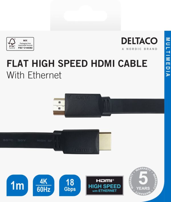 Kabelis DELTACO Flat High Speed su Ethernet HDMI, 4K UHD, 1m, juodas / HDMI-1010F-K / R00100002