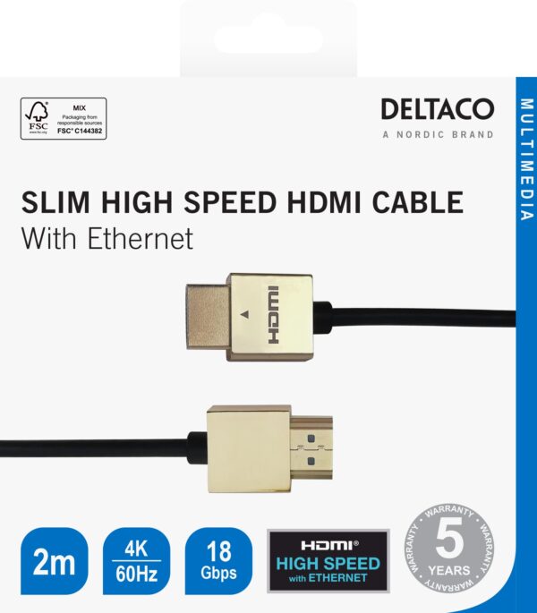Kabelis DELTACO Ultra-thin HDMI, 4K UHD, 2m, juodas/auksinis/ HDMI-1042-K / 00100011