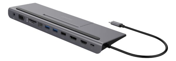 USB-C jungčių stotelė DELTACO USB-C maitinimo šaltinis, 85 W, 4K UHD @ 60Hz, DP, HDMI, VGA, RJ45, 3.5mm, 1 Gbit/s, pilka / USBC-DOCK2