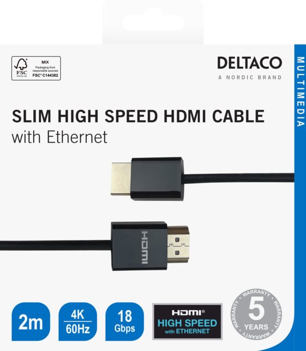 Itin plonas HDMI laidas DELTACO 4K UHD, 2m, juodas / R00100018