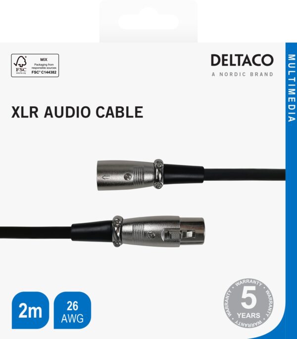 XLR audio kabelis DELTACO 3-pin male - 3-pin female, 26 AWG, 2m, juodas / XLR-1020-K / 00160002