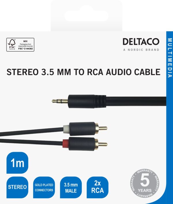 Audio kabelis DELTACO 3.5mm male - 2xRCA male 1m, juodas / MM-139-K / R00180003