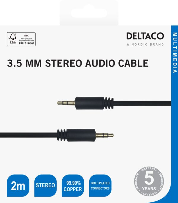 Audio kabelis DELTACO 3.5mm, paauksuotos jungtys, 2m, juodas / R00180008