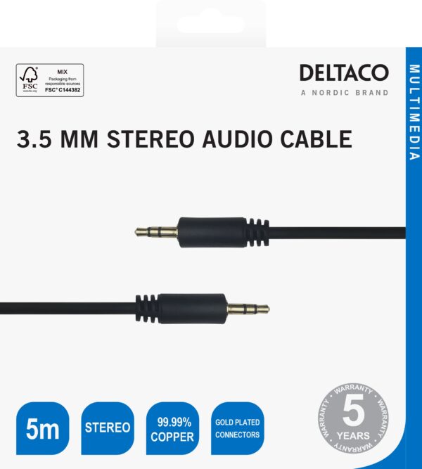 Audio kabelis DELTACO 3.5mm, paauksuotos jungtys, 5m, juodas / MM-152-K / R00180010