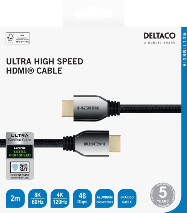 Ultra High Speed HDMI kabelis DELTACO 8K 60Hz / 4K 120Hz, 2m, juodas / 00100034