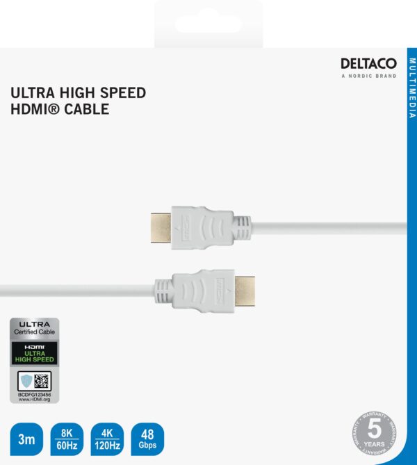 Ultra High Speed HDMI kabelis DELTACO ARC, QMS, 8K in 60Hz, 4K UHD in 120Hz, 3m, baltas / HU-30A-R