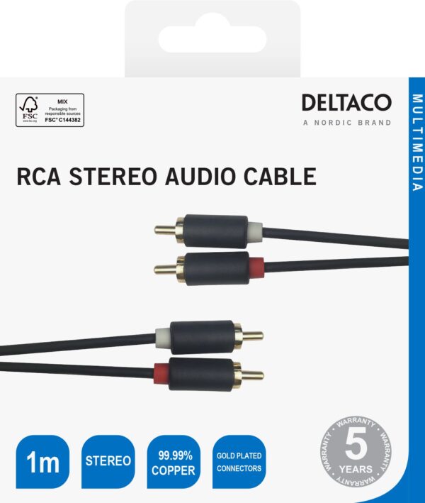 Audio kabelis DELTACO 2xRCA, paauksuotos jungtys, 1m, juodas / MM-109-K / 00170001