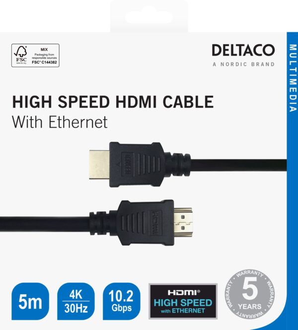 HDMI kabelis DELTACO 4K UHD, 5m, juodas / HDMI-1050-K / R00100015