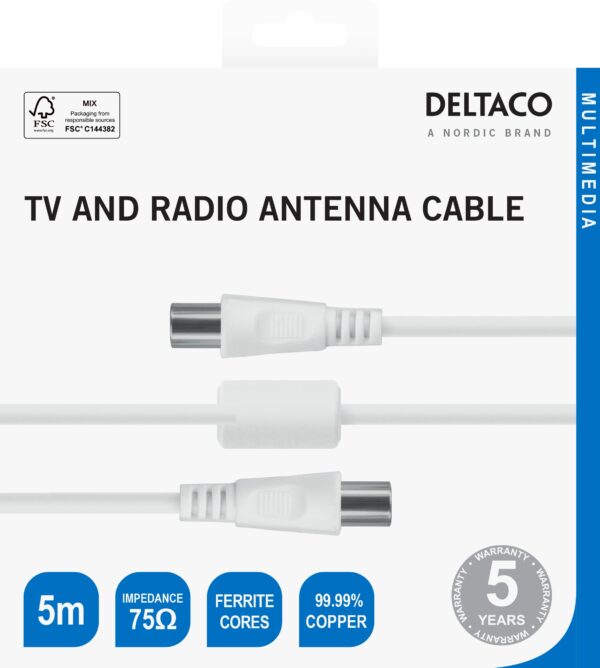 Antenos kabelis DELTACO 75 omų, ferito šerdys, paauksuotos jungtys, 5 m, baltas / AN-105-K / 00150004