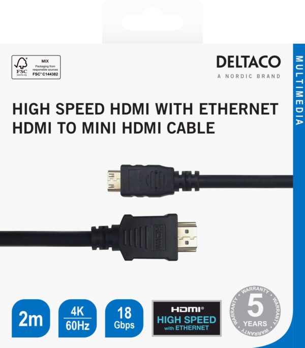 Kabelis DELTACO HDMI - mini HDMI, 4K UHD in 60Hz, 2m, juodas / HDMI-1026-K / 00100008