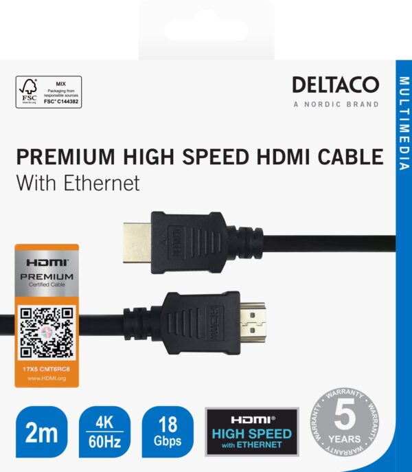 Premium High Speed HDMI kabelis DELTACO 4K UHD, 2m, juodas / HDMI-1020-K / R00100006